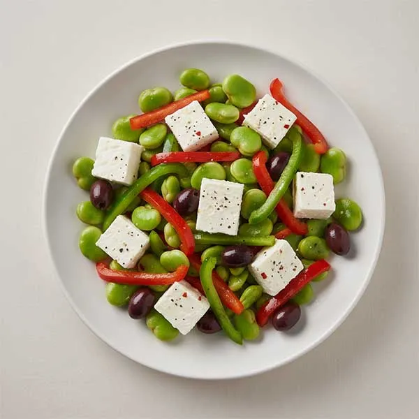 Brined Akawi & Broad Bean Salad with Crisp Peppers & Greek Olives